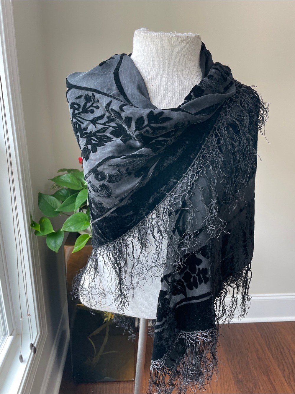Black Velvet Burnout Floral Shawl Scarf